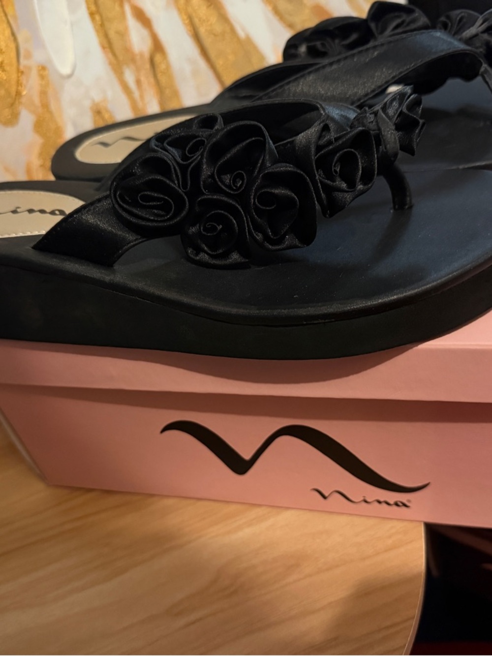 Nina Black Ruffled Toe-Post Wedge Sandals - Picture 2 of 5